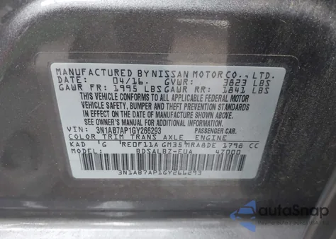 2016 Nissan Sentra Fe+ S/S/Sl/Sr/Sv z USA, uszkodzony, nr VIN 3N1AB7AP1GY266293